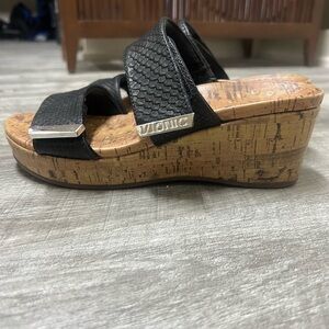 Vionic Black Textured Leather Cork Wedge Slides